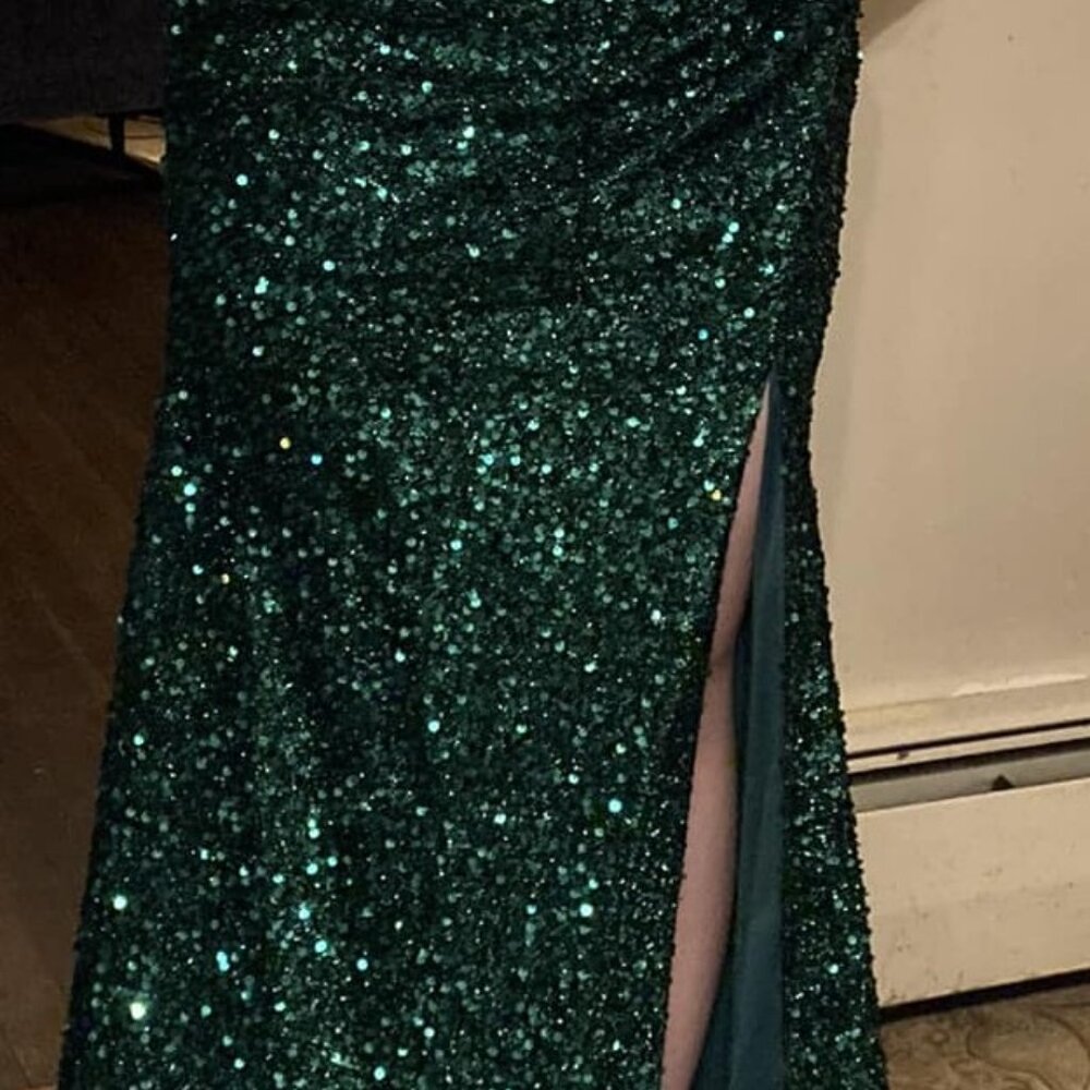 GREEN SEQUIN PROM DRESS w/ LEG SLIT + CORSET TOP